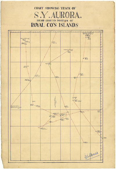 Chart of the Aurora’s track around charted positions of Royal Co’s Islands