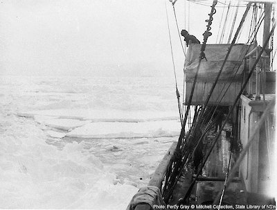Traversing thick pack ice near the north-west extremity of the Shackleton Shelf