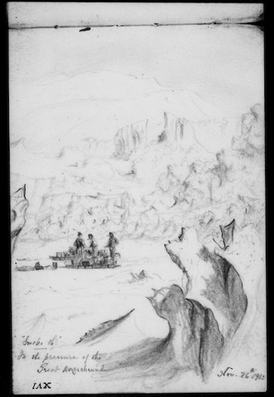 Smoke-Oh! in the pressure of the Great Bergschrund, drawn by Charles Harrisson