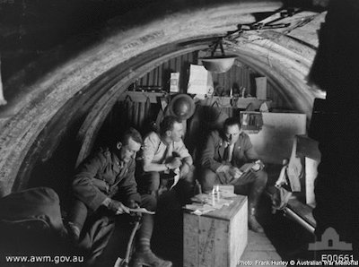 An interior view of the dugout occupied by officers of the 105th Howitzer Battery