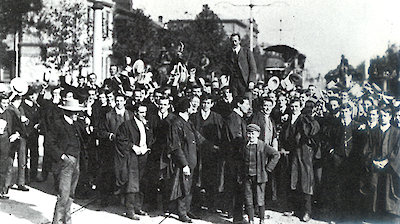 Mawson being carried by students along North Terrace, Adelaide on his return in April 1909 from the British Antarctic Expedition, 1907–1909.