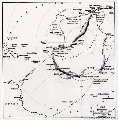 Map illustrating the probable topography of Antarctica as understood by Mawson in June 1911