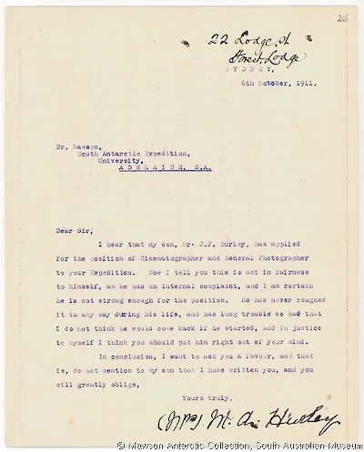 Letter from Mrs Hurley to Douglas Mawson