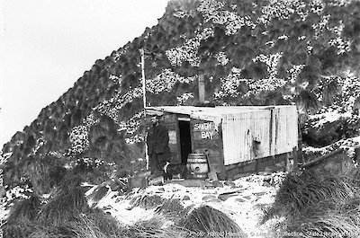 Blake at the Sandy Bay Sealers’ hut, Macquarie Island