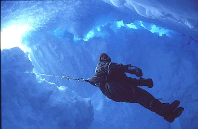 Mawson plunged down a crevasse, dangling on a rope