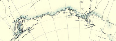 Map showing the Cape Denison and Western Party bases, and the Aurora’s route
