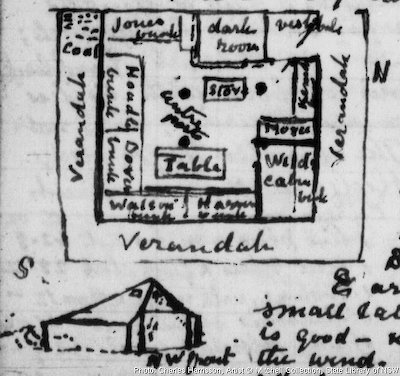 Sketch of the Hut, from Harrisson’s diary, 11 March 1912